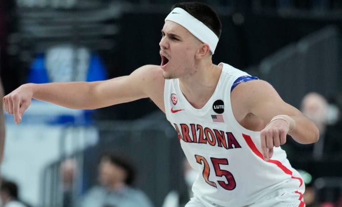 Arizona’s Kerr Kriisa (25) reats during the second half of an NCAA college basketball game against Stanford in the quarterfinal round of the Pac-12 tournament Thursday, March 10, 2022, in Las Vegas